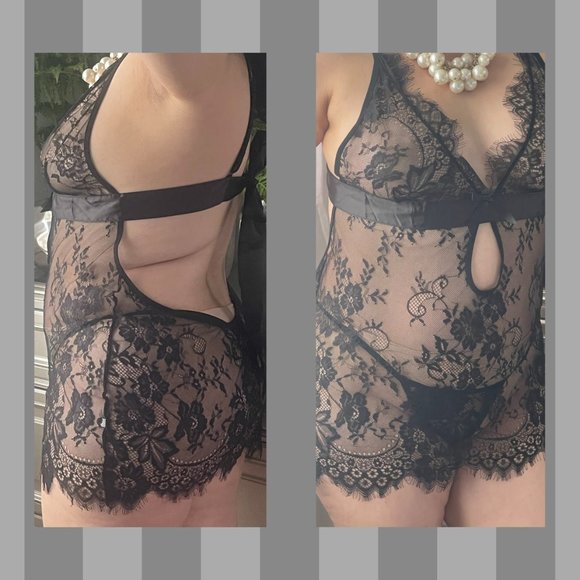Sz 10/12 Black Lace Eyelash Babydoll & Panty Set - Picture 10 of 10